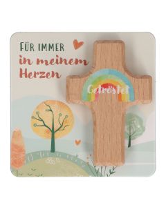 Butzon & Bercker Handschmeichlerkreuz 6 x 4 cm – farbig bedrucktes Kinderkreuz aus Buchenholz, Lieferung auf Backcard, folienfrei verpackt