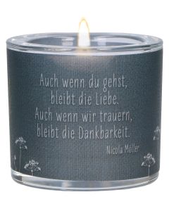 Butzon & Bercker Glaswindlicht zur Trauer Ø 6,5 cm – mundgeblasenes Windlicht mit farbig bedrucktem Pergamentumleger, Lieferung in grüner Geschenkverpackung mit weißem Teelicht