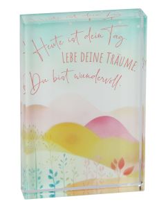 Butzon & Bercker Glasquader – Glas-Dekoblock 9 x 6 cm mit farbiger Botschaft zum Aufstellen, handgeschliffen, Geschenkidee zum Geburtstag, in Geschenkverpackung