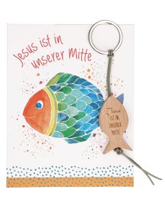 Fisch-Schlüsselanhänger aus Buchenholz mit Lederband mit Gravur „Jesus ist in unserer Mitte“