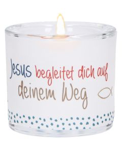 LichtMoment „Jesus begleitet" Glas-Windlicht mit Regenbogenmotiv