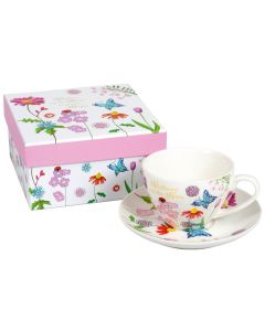 Tasse mit Unterteller 'pinke Blumen'